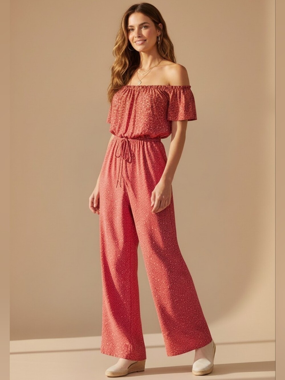 Hayden Coral Off-Shoulder Floral Wide-Leg Jumpsuit